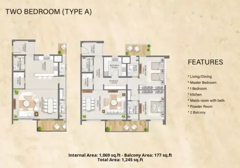 Nourwatan Residential: फ़्लोर प्लान Type A, 1,245 sq ft
