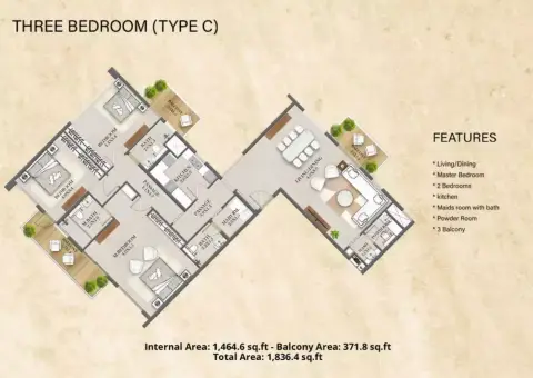 Nourwatan Residential: फ़्लोर प्लान Type C, 1,836 sq ft
