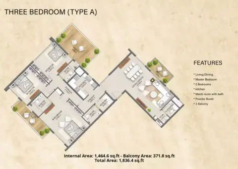 Nourwatan Residential: फ़्लोर प्लान Type A, 1,836 sq ft