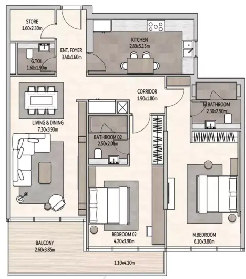 Vista Del Mar: Планировка Type 2, 1,603 sq ft