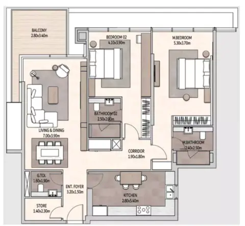Vista Del Mar: Планировка Type 1, 1,603 sq ft