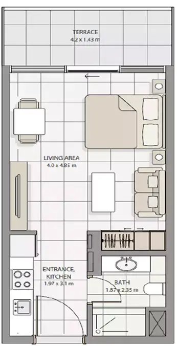 The Icon Tower: Floor plan Type 1, 493 sq ft