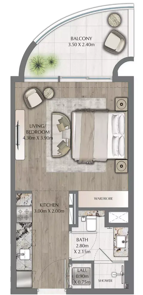 One Residence: Floor plan Type C, 470 sq ft