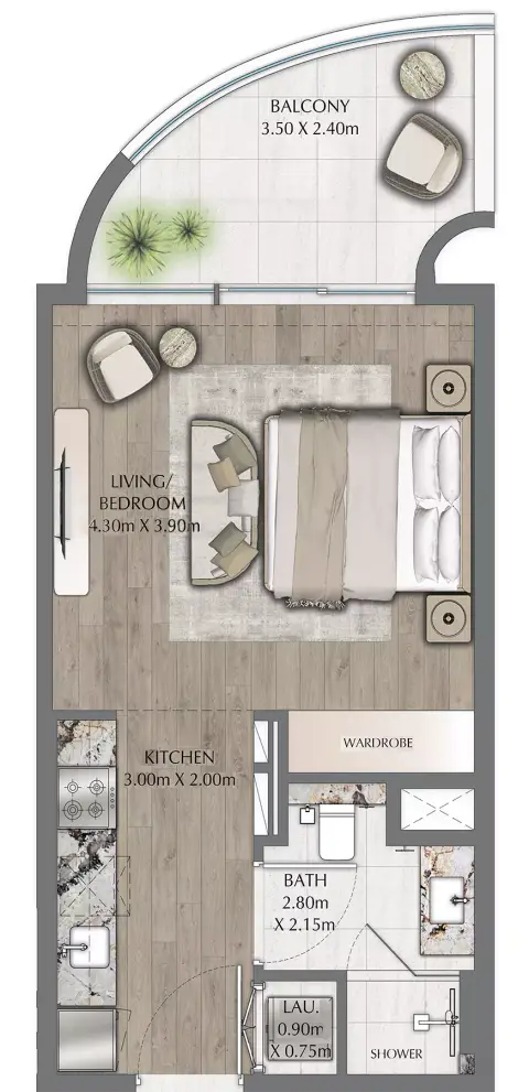 One Residence: Floor plan Type B, 469 sq ft