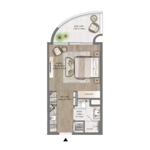 One Residence: Floor plan Type A Studio, 470 sq ft