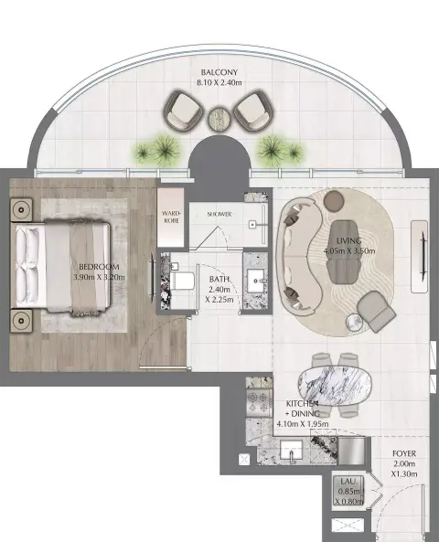 One Residence: Floor plan Type B, 751 sq ft