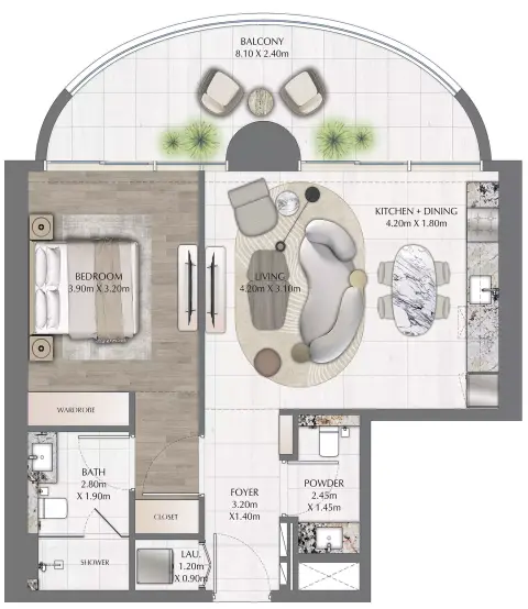 One Residence: Floor plan Type C, 843 sq ft