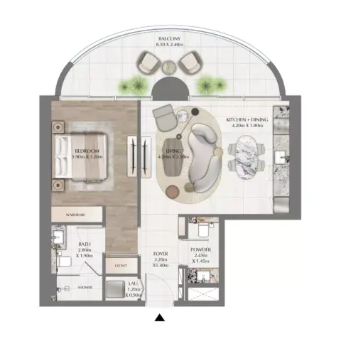 One Residence: Floor plan Type A, 840 sq ft