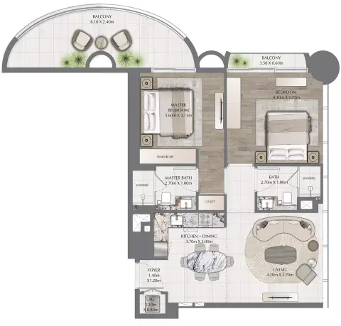 One Residence: Floor plan Type C, 1,053 sq ft