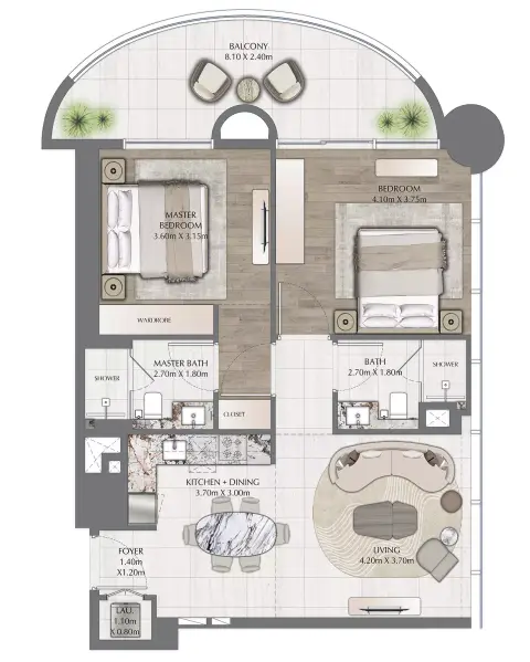 One Residence: Floor plan Type E, 1,027 sq ft