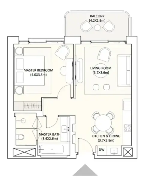جزيرة رمان: مخطط الطابق Type 1, 732 sq ft