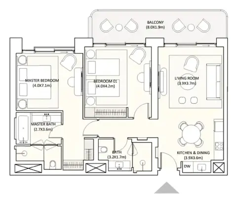 جزيرة رمان: مخطط الطابق Type 1, 1,152 sq ft
