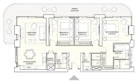 جزيرة رمان: مخطط الطابق Type 1, 2,002 sq ft
