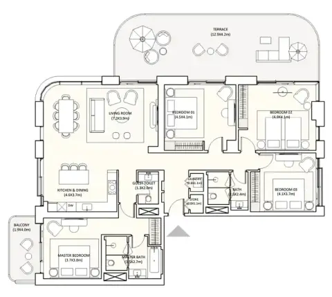 جزيرة رمان: مخطط الطابق Type 1, 2,562 sq ft