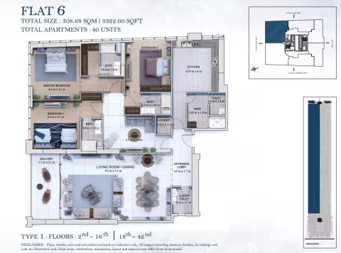 مرسى العرب تاور: مخطط الطابق Type 2, 3,322 sq ft