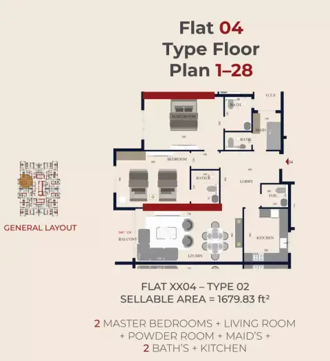 Al Teneiji Tower: Floor plan Type 3, 1,679 sq ft