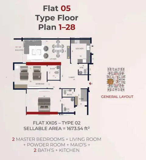 Al Teneiji Tower: Floor plan Type 4, 1,673 sq ft
