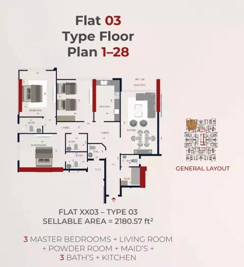 Al Teneiji Tower: Floor plan Type 3, 2,180 sq ft