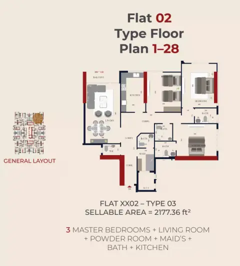 Al Teneiji Tower: Floor plan Type 2, 2,177 sq ft