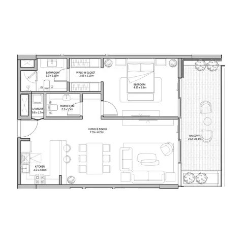 Blue Beach Residence: Floor plan Type A, 1,169 sq ft