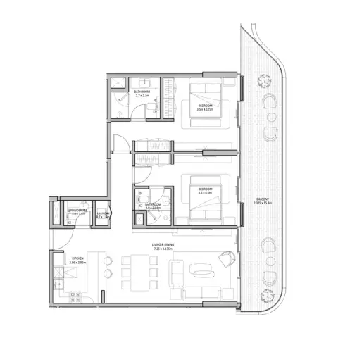 Blue Beach Residence: Floor plan Type A, 1,321 sq ft