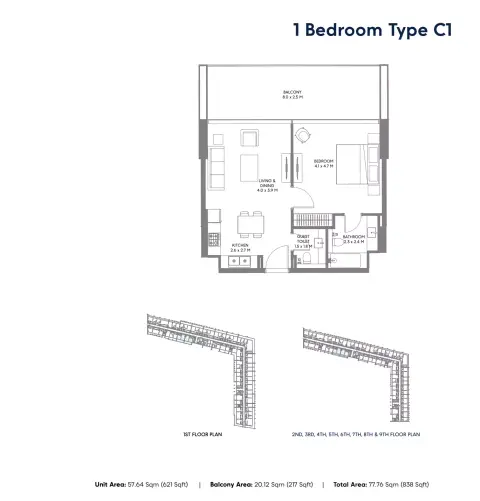 Safa Parkview: Floor plan Type C1, 838 sq ft