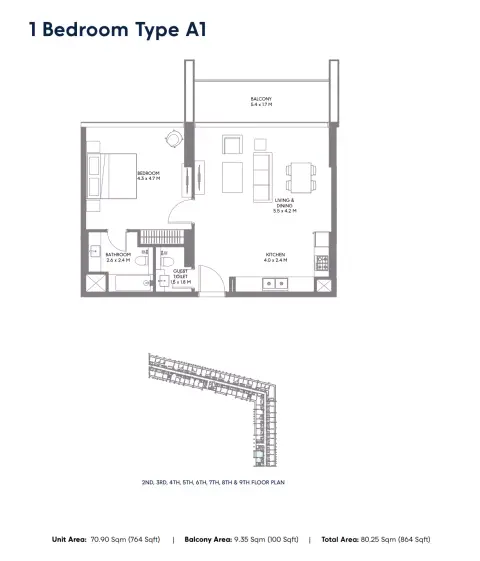 Safa Parkview: Floor plan Type A1, 864 sq ft