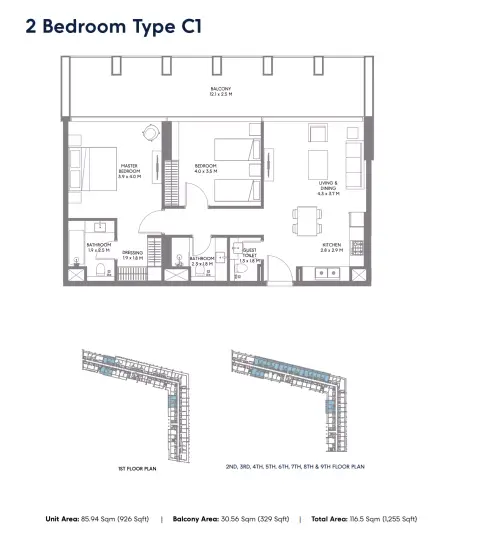 Safa Parkview: Floor plan Type C1, 1,255 sq ft
