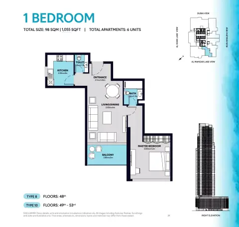 S1 Tower: Floor plan Type 8 -10, 1,055 sq ft
