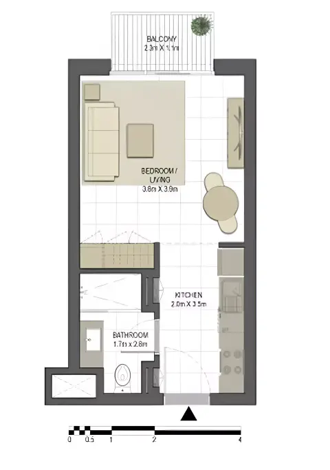 Jawaher Residences Phase 2: Floor plan Type A2, 377 sq ft