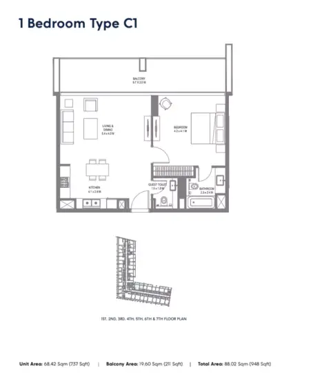 Safa 1: Floor plan Type C1, 948 sq ft