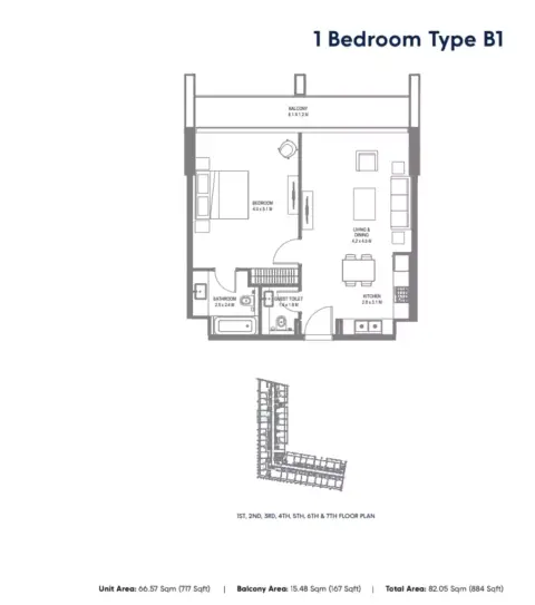 Safa 1: Floor plan Type B1, 884 sq ft