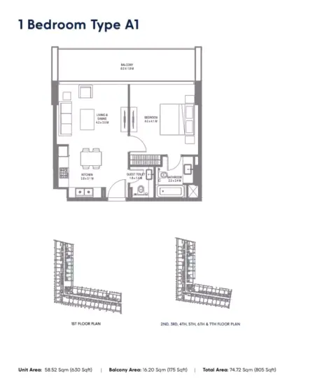Safa 1: Floor plan Type A1, 805 sq ft