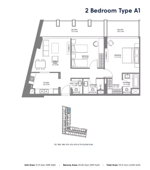 Safa 1: Floor plan Type A1, 1,242 sq ft