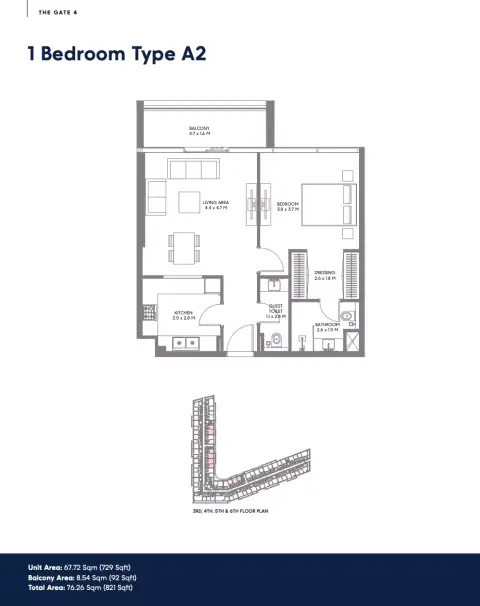 The Gate Phase 4: Floor plan Type A2, 821 sq ft
