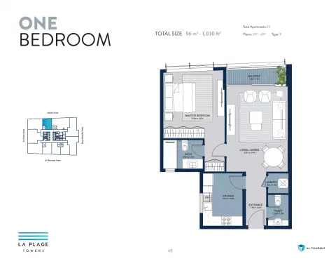 La Plage Tower 2: Floor plan Type 9, 1,030 sq ft