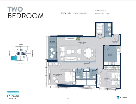 La Plage Tower 2: Floor plan Type 2, 1,880 sq ft