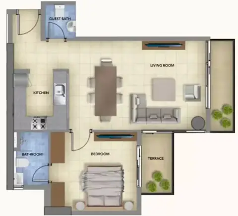 بلو بيرلز في بلوباي ووك: مخطط الطابق Type 2, 943 sq ft