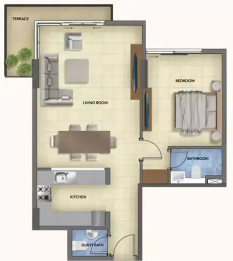 بلو بيرلز في بلوباي ووك: مخطط الطابق Type 1, 943 sq ft