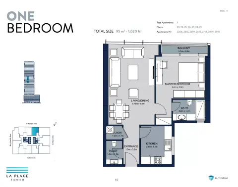 La Plage Tower: Floor plan Type 18, 1,020 sq ft