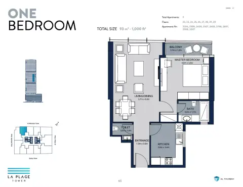 La Plage Tower: Floor plan Type 16, 1,000 sq ft