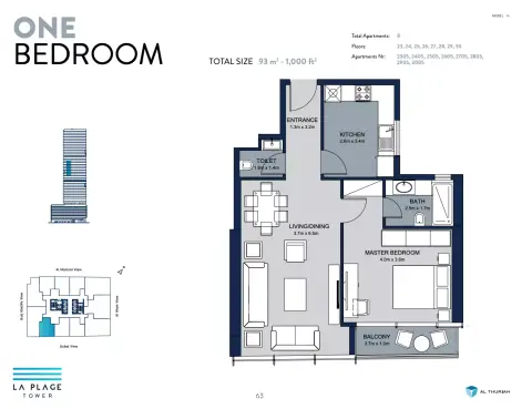 La Plage Tower: Floor plan Type 15, 1,000 sq ft