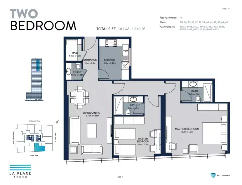 La Plage Tower: Floor plan Type 13, 1,530 sq ft