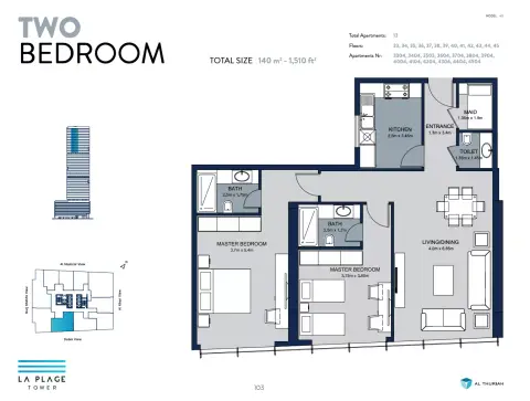 La Plage Tower: Floor plan Type 14, 1,510 sq ft