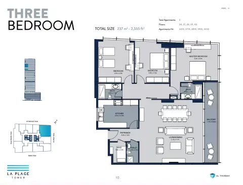 La Plage Tower: Floor plan Type 2, 2,555 sq ft