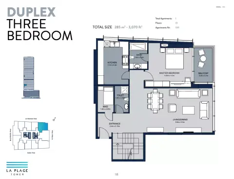La Plage Tower: Floor plan Type 2, 3,070 sq ft