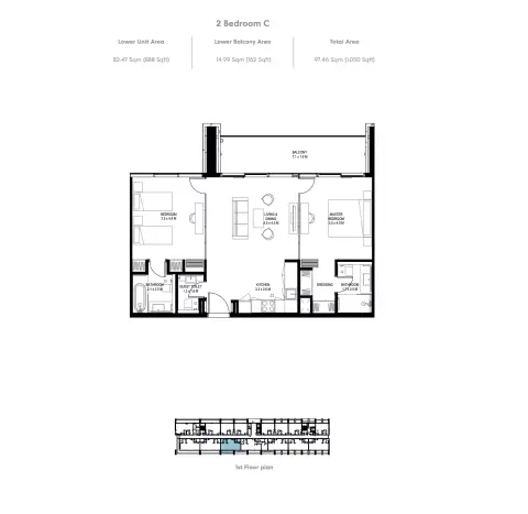 IL Teatro: Floor plan Type C, 1,050 sq ft