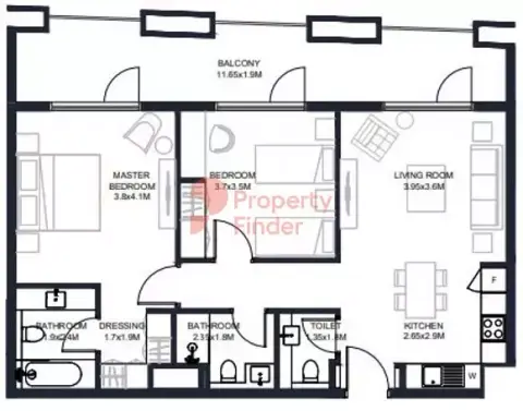 Tiraz Phase 3: Plattegrond Type A3, 1,106 sq ft