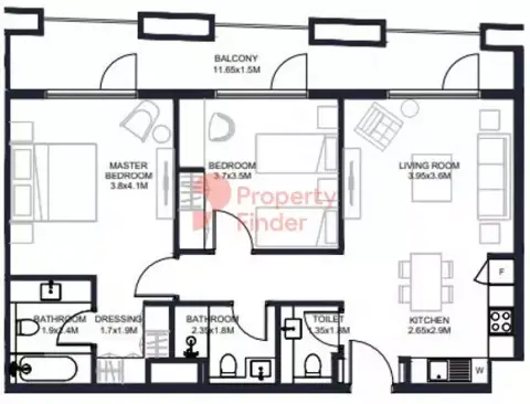 Tiraz Phase 3: Plattegrond Type A4, 1,055 sq ft