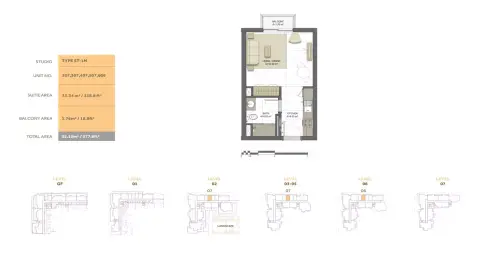 Noor Residence: Планировка Type ST-1M, 377 sq ft